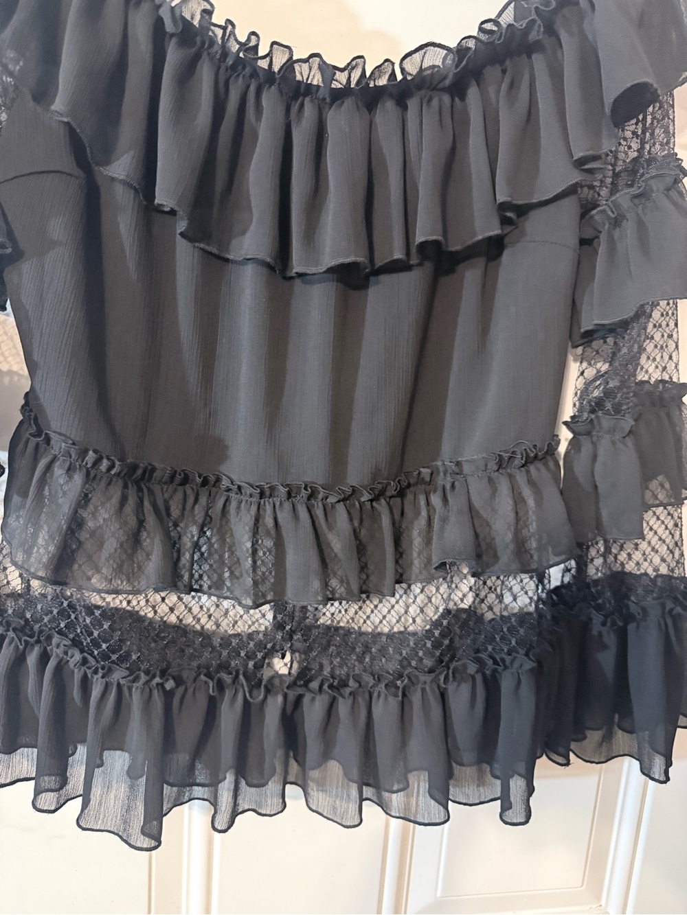 Lulumari Black Ruffle Off-Shoulder Mesh Sleeve Blouse - Picture 7 of 8